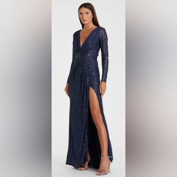 Mac Duggal 26490 Sequined Long Sleeve Gown NWT size 16 Midnight Blue